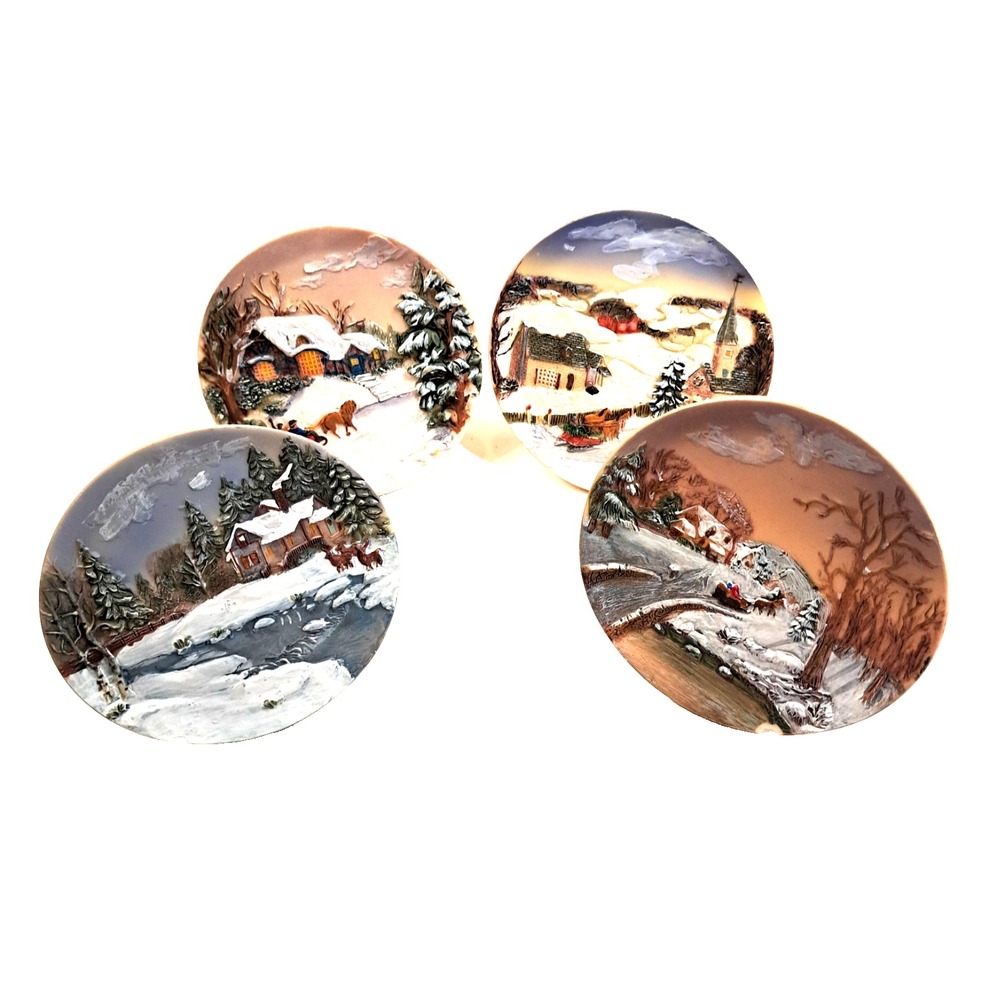 K's Collection Relief Hand-Painted 4.5" Plate Set of 4 WINTER HOME SCENE w Stand